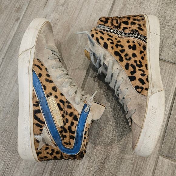 Golden Goose Slide High Top Sneakers Womens Size 37 US 6.5 Leopard Calf Hair - Picture 5 of 16